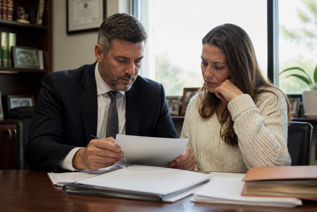 Attorney in professional attire meeting with an injured client at a desk, reviewing settlement documents and case files together in a modern law office with natural lighting