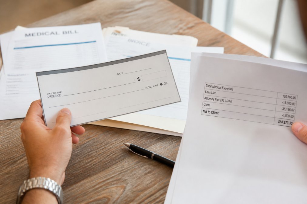 Close-up of hands holding a settlement check and documents showing deductions, with medical bills and legal fee paperwork visible on a wooden table in natural daylight