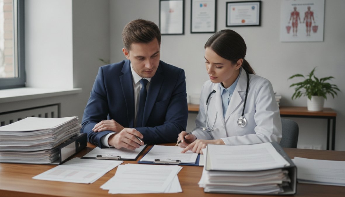 A lawyer and physician reviewing medical records together at a desk in a modern clinic, with documents and a computer monitor visible, natural office lighting