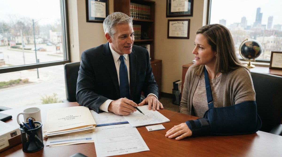 Personal injury attorney in professional office reviewing medical documents and treatment plans with injured client at desk, natural lighting from windows