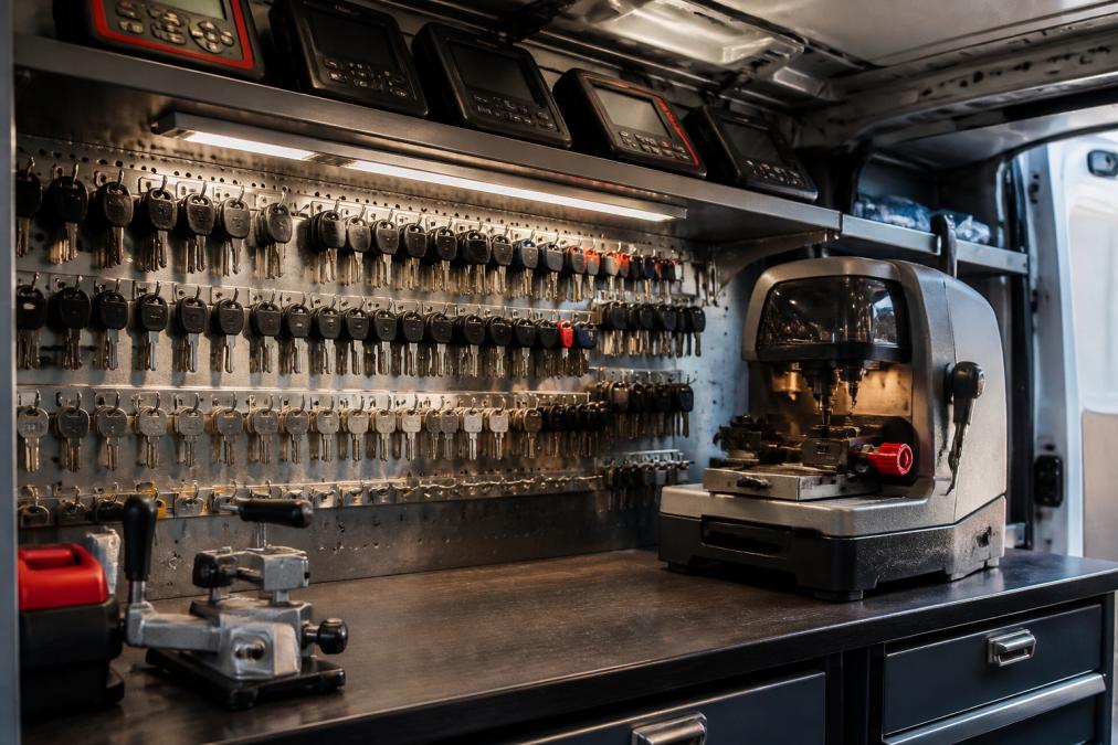 Professional locksmith's van interior displaying key cutting machine mounted on workbench, programming equipment on shelves, and organised rows of key blanks in various profiles under bright LED lighting