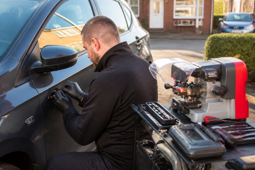 Mobile locksmith working at vehicle's driver-side door with precision key cutting equipment and programming device, vehicle parked in residential driveway with afternoon sunlight