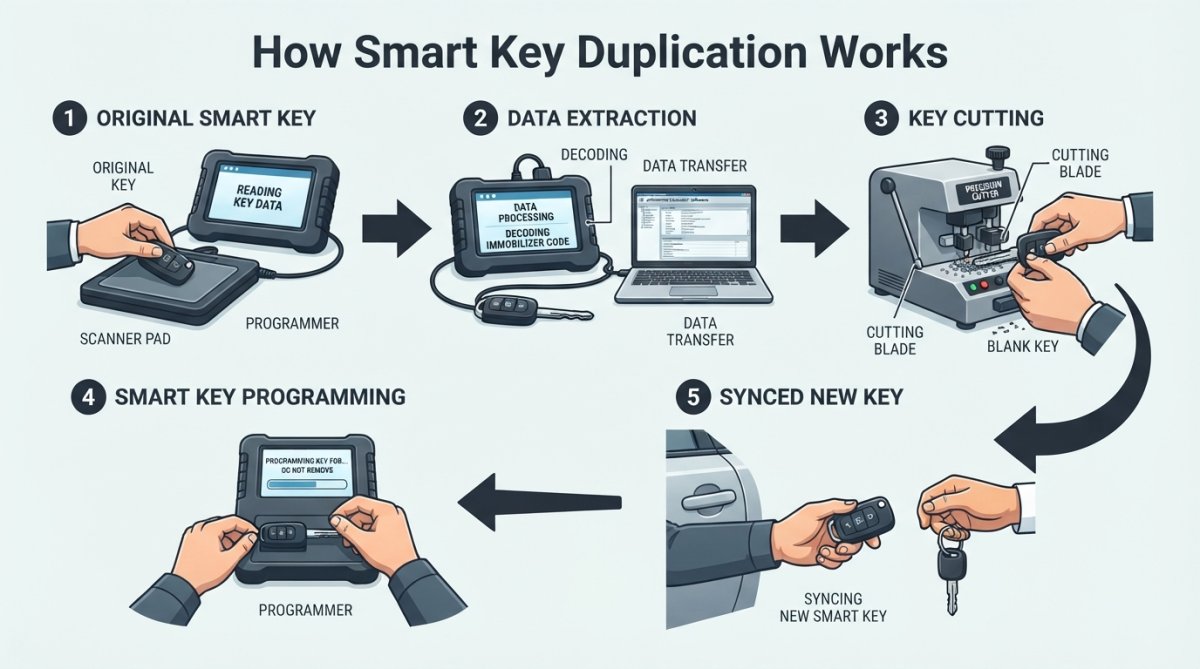 Professional locksmith's hands working with precision key cutting equipment and a smart key, showing specialized tools and technology used in the duplication process under bright workshop lighting