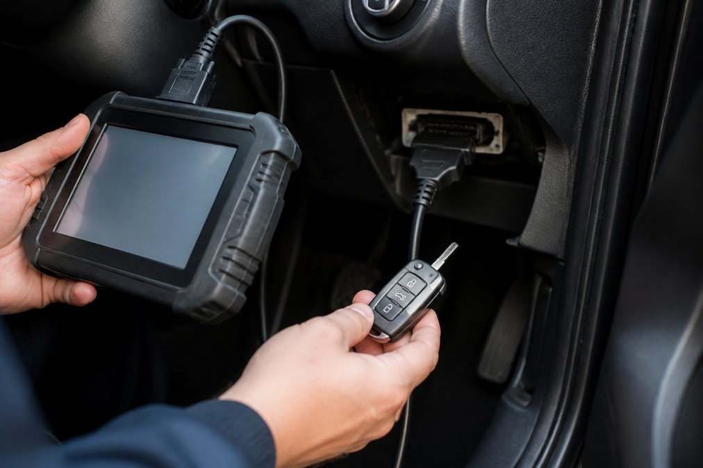 Professional locksmith's hands holding diagnostic equipment and a car key fob near a vehicle's OBD-II port, with specialized programming device displayed on vehicle dashboard, natural daylight
