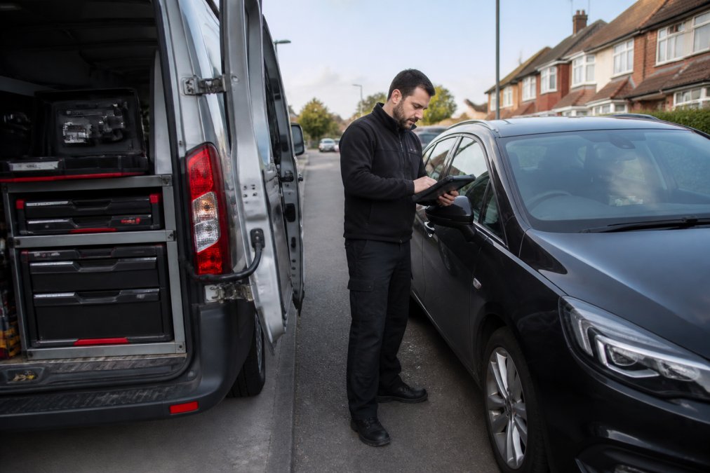A professional locksmith van parked on a quiet residential street in the UK, with a technician using a diagnostic tablet near the driver's side door of a modern car