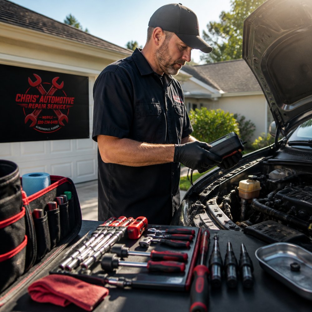 Professional mechanic in work uniform using diagnostic scanner on vehicle engine in residential driveway, with organized tool kit and parts nearby on work surface, morning sunlight