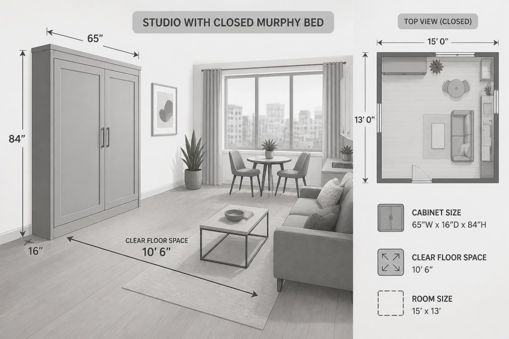 Studio apartment interior showing a closed Murphy bed cabinet positioned against one wall, with the remaining living space visible including a seating area, windows with natural daylight, and uncluttered floor space