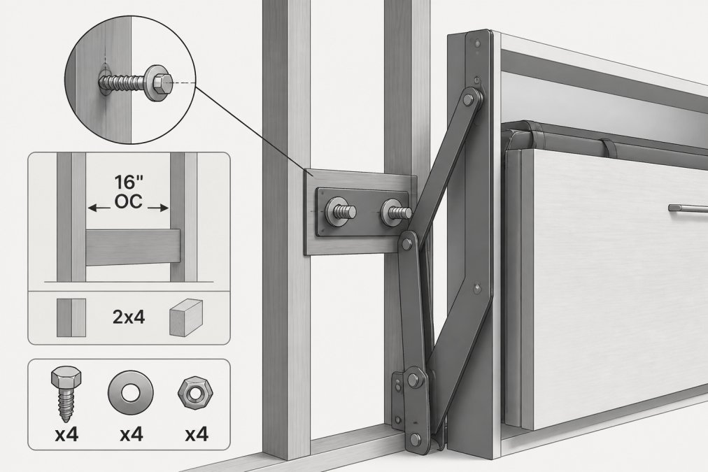 Close-up of wall studs and heavy-duty mounting bolts being installed into wooden framing, showing the structural installation of a Murphy bed mechanism with visible hardware and wall studs