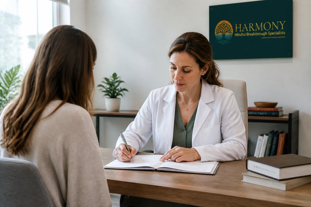 Psychiatric clinician taking notes during a conversation with a patient.