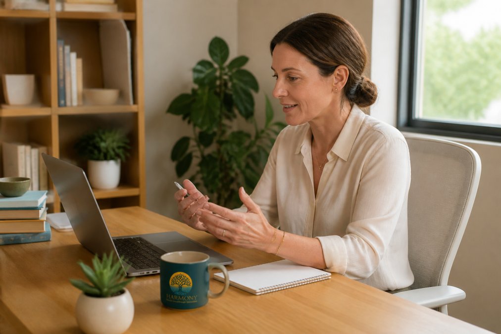 Psychiatric clinician conducting a telehealth appointment by video from an office setting.