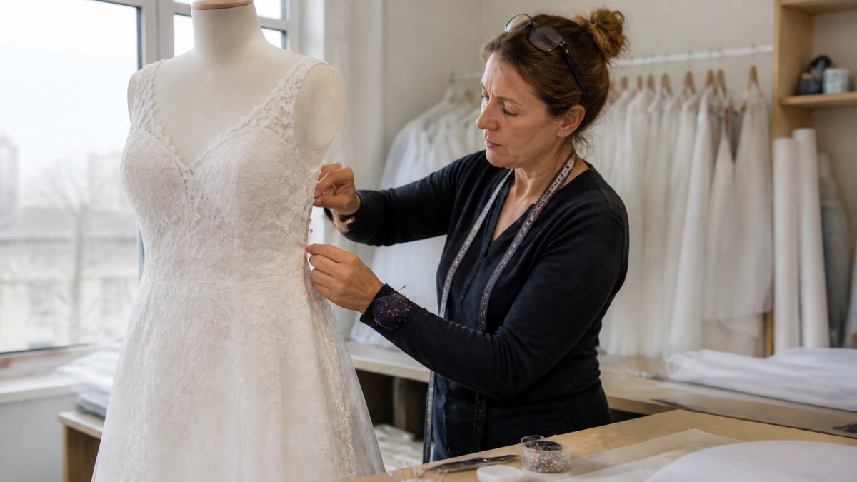 A seamstress pinning the side seams of a white lace wedding dress on a mannequin in a bright alteration studio, measuring tape draped around her neck, fabric chalk and pins on the worktable nearby