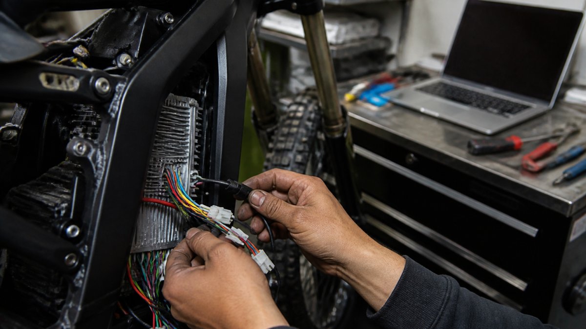 Close-up of a mechanic's hands connecting a controller wiring harness and throttle cable on an electric dirt bike in a shop, with tools and a laptop showing tuning software nearby