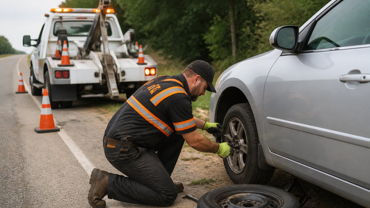 Professional tow truck operator safely changing a flat tire on the side of a road, with safety cones and hazard lights visible in the background