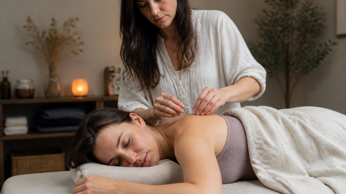 A new mother resting comfortably on a treatment table in a calm, softly lit acupuncture studio while a licensed practitioner places a fine needle near her shoulder, with folded blankets and warm neutral tones in the background