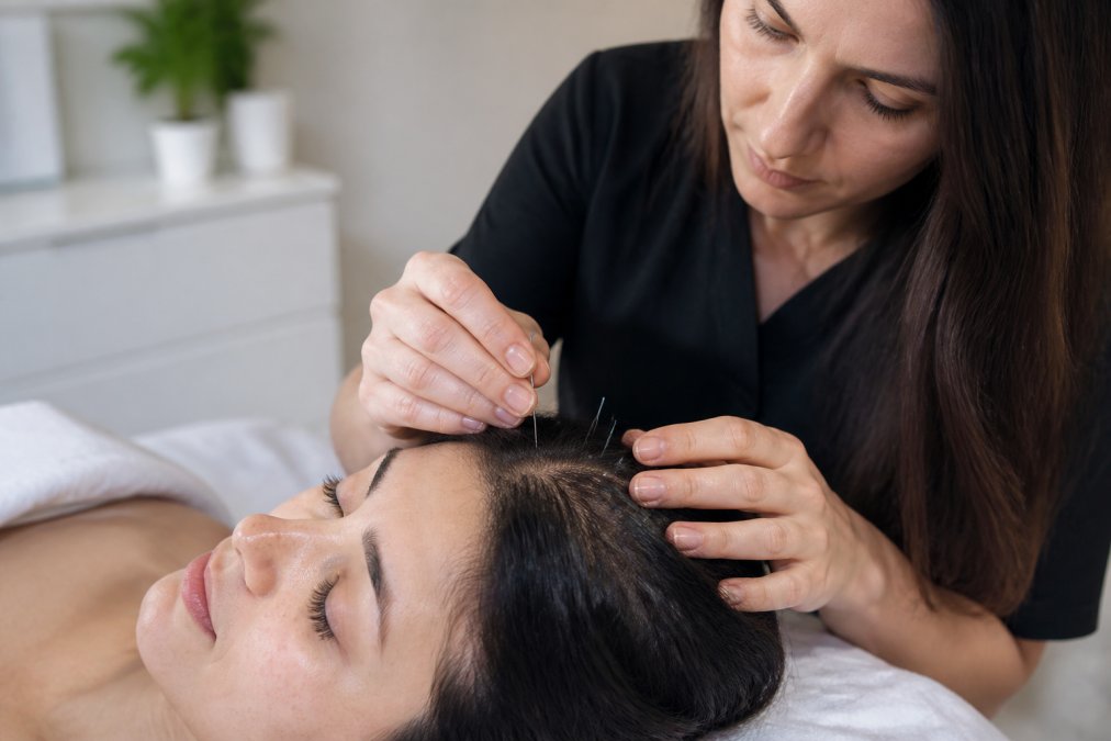 Close-up of a licensed acupuncture practitioner carefully placing thin needles along a female client's scalp in a calm, clinical treatment room with soft lighting