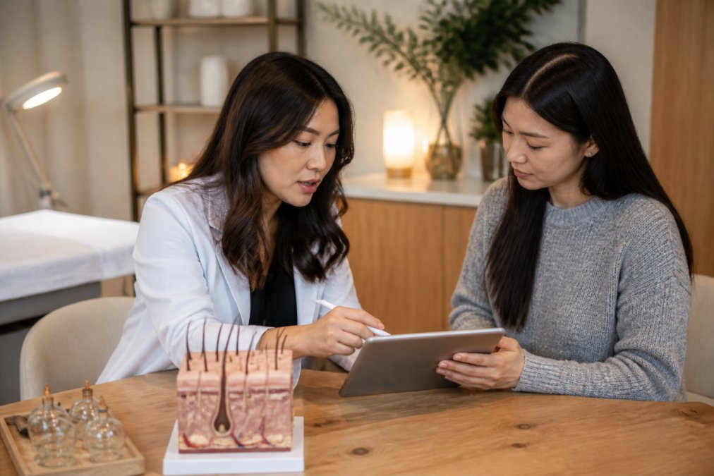 A female trichologist consulting with a female client at a modern spa desk, reviewing a scalp analysis on a tablet screen, both engaged and focused, in a well-lit professional treatment room