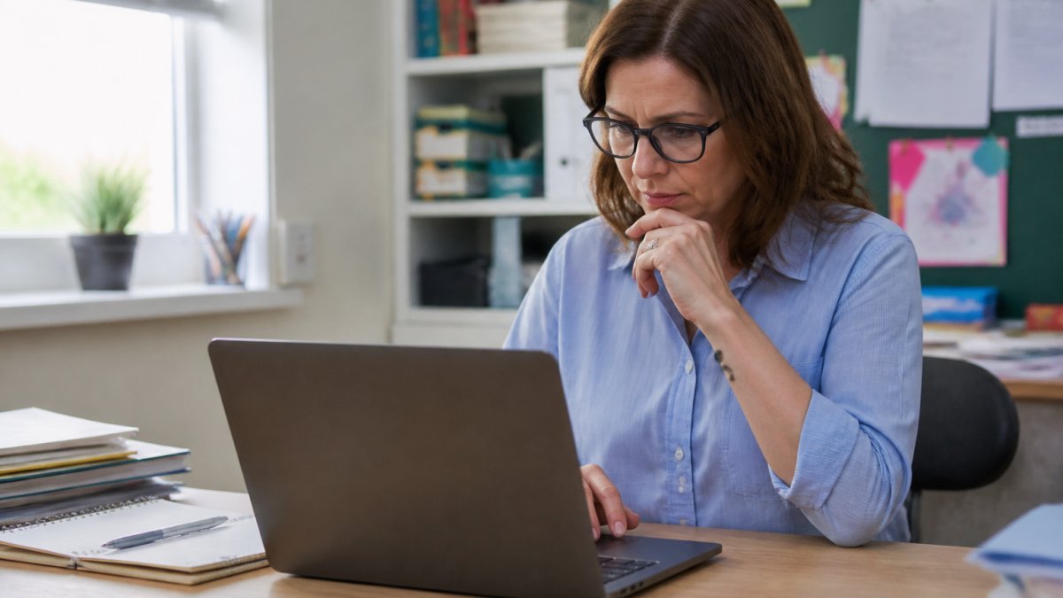 Teacher at desk reviewing student work on laptop screen, with notebook and pen beside the computer, looking thoughtfully at the document with natural window lighting