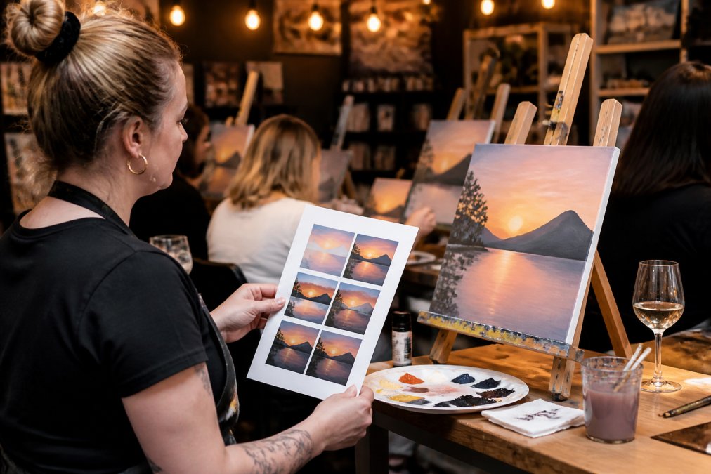 A paint and sip instructor at a studio easel reviewing a printed step-by-step painting guide while students paint canvases in the background, warm evening studio lighting