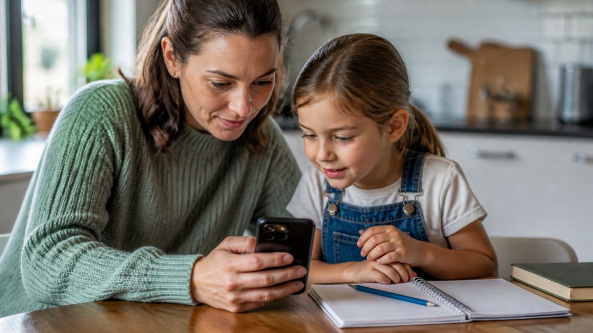 Parent and child using a smartphone to solve conceptual math problems together at a kitchen table