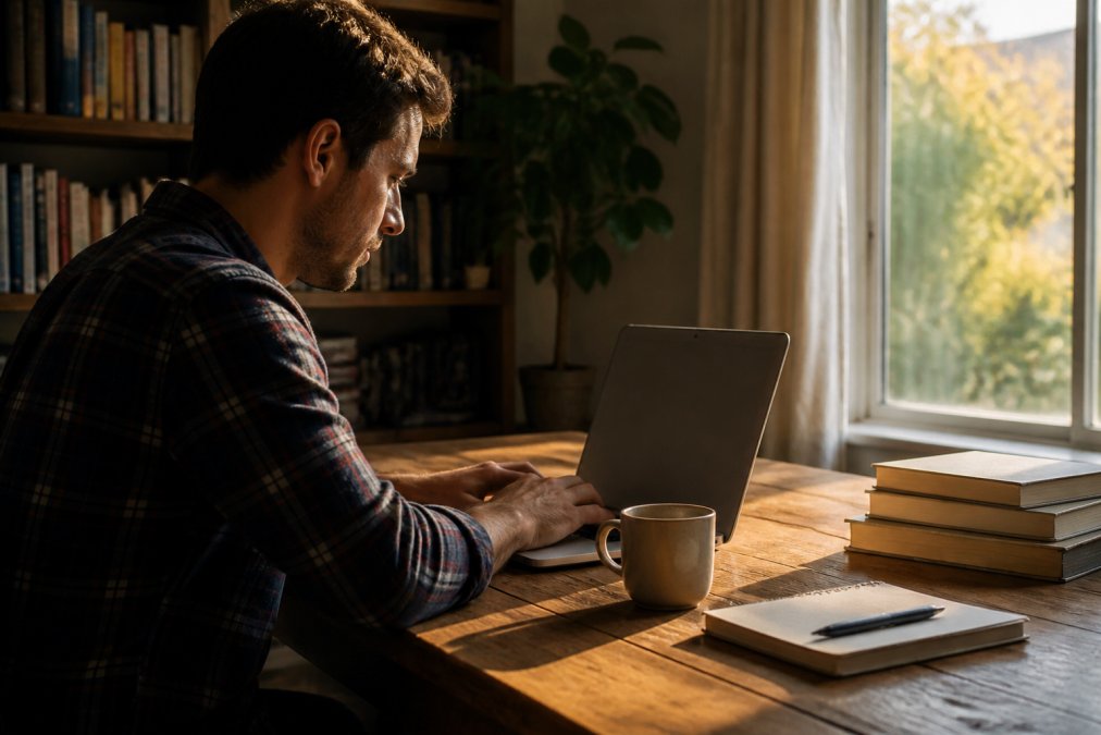 Writer seated at wooden desk with laptop, coffee cup nearby, focused on screen displaying text as afternoon sunlight streams through window