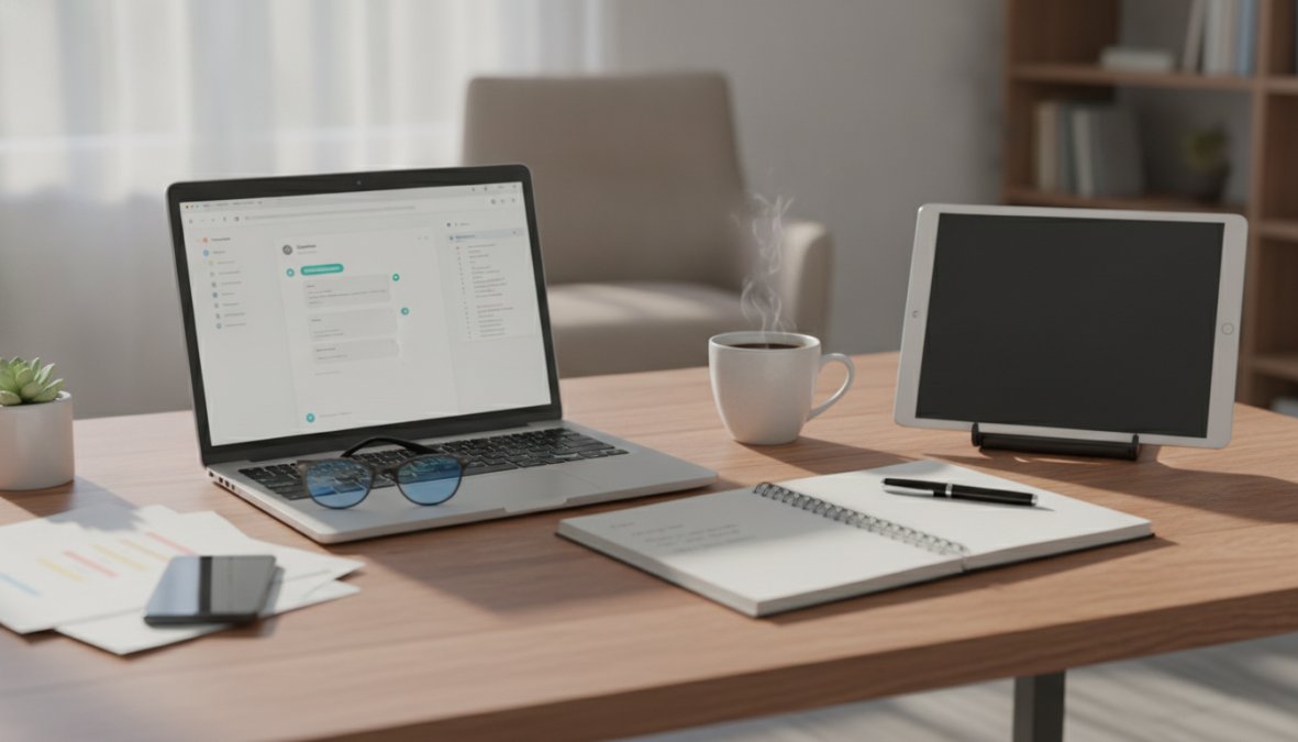 A marketer sitting at a desk with a laptop open, reviewing AI-generated product descriptions on a notepad with coffee nearby, bright natural window lighting