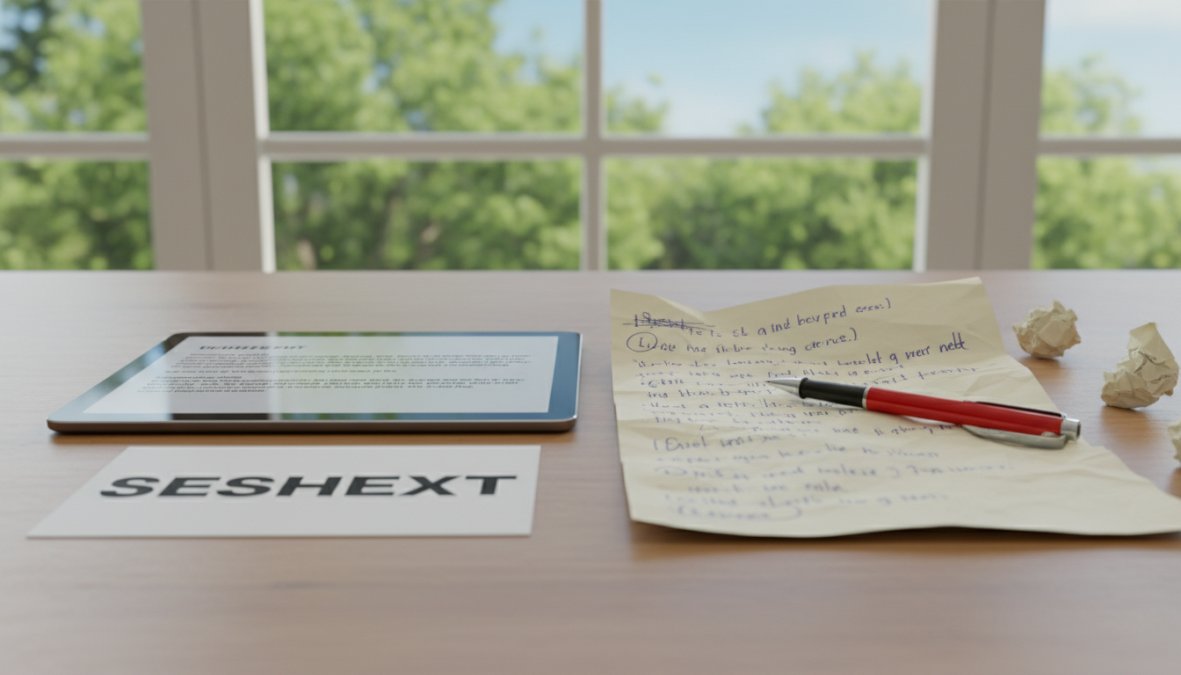 Two marketing professionals sitting side by side at a shared desk, one reviewing AI-generated copy on a laptop screen and the other marking up a printed document with a red pen, bright open-plan office environment with large windows