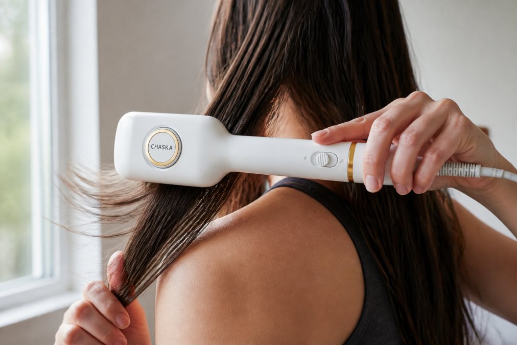 Close-up of hands guiding an air styler through damp hair, showing the airflow creating tension and movement through the strands with natural window lighting