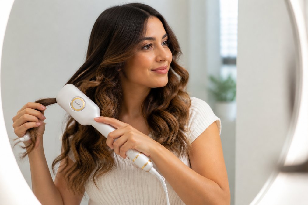 Woman with styled curls created using an air styler, showing voluminous waves and defined texture on wavy hair under bright salon lighting