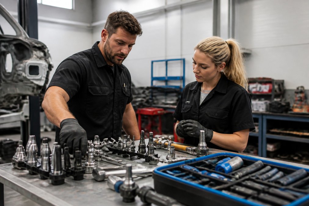 Technician in auto body shop organizing specialized aluminum repair tools and stainless steel equipment on workbench, with labeled storage bins and precision instruments under bright overhead lighting