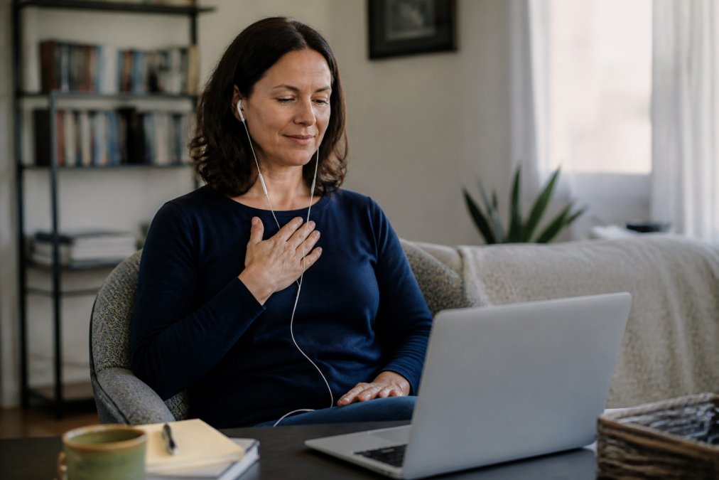 Person sitting relaxed during a video call, exploring if can analytical minds be hypnotized in a calm space.