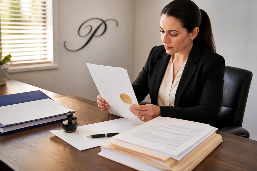 A notary reviewing official paperwork and a stamp in a bright office to help determine can any notary do an apostille?