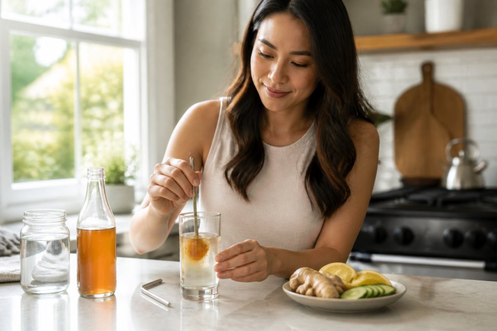 A glass of water with a spoonful of amber apple cider vinegar being stirred, a reusable straw beside it, and a small plate of whole foods on a bright kitchen counter with natural window light