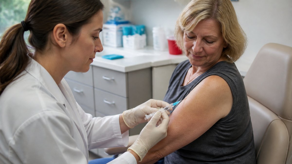 Healthcare provider administering B12 injection to patient's upper arm in clinical setting with soft natural lighting and medical equipment visible