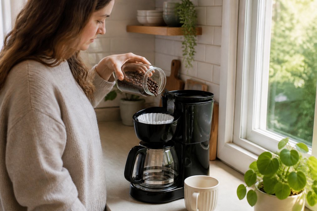 Hands pouring fresh roasted specialty coffee beans into a white ceramic filter basket of a drip coffee maker, with a transparent glass carafe and a ceramic mug positioned below, morning light streaming through a kitchen window