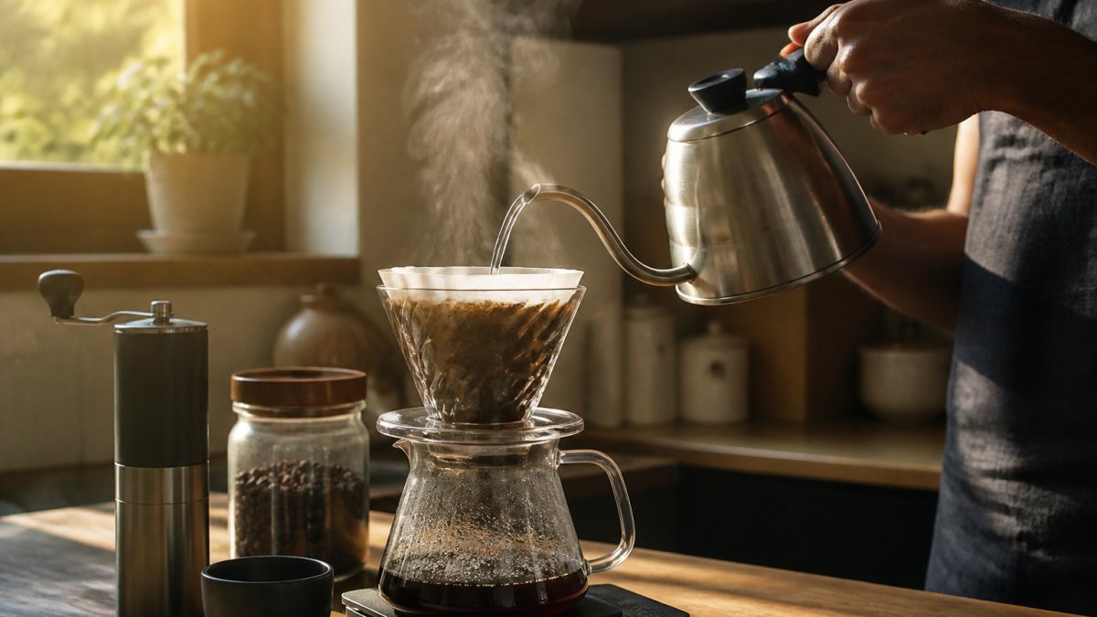 Close-up of hands pouring hot water into a pour-over dripper filled with freshly ground coffee, steam rising visibly, morning sunlight streaming through a kitchen window