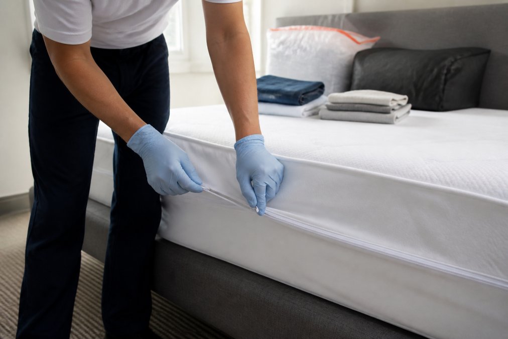 Close-up of a person in protective gloves sealing a mattress inside a white zippered encasement in a bright bedroom, with folded laundry and storage bags in the background