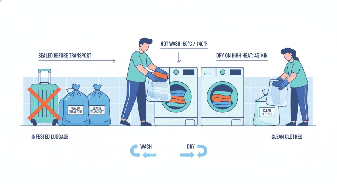 Person in protective gloves loading clothing from a sealed plastic bag directly into a front-loading washing machine, with a wheeled suitcase and additional sealed bags on the laundry room floor, under bright fluorescent lighting