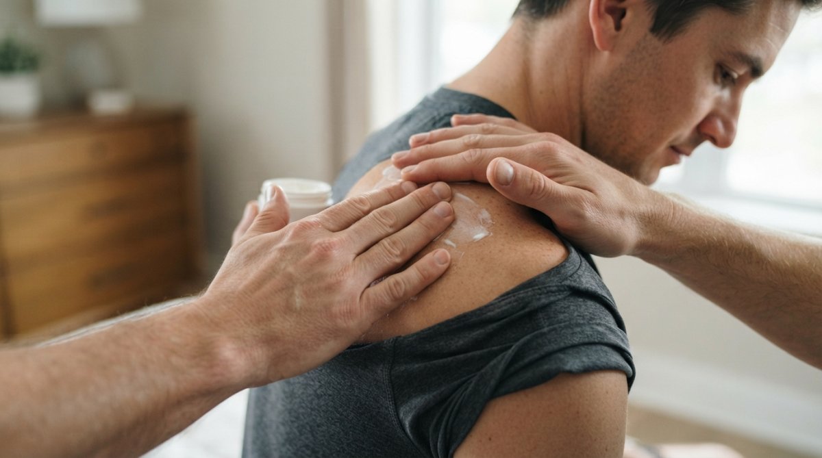 Diagram showing the circular massage technique for applying topical cream to shoulder nerve pain