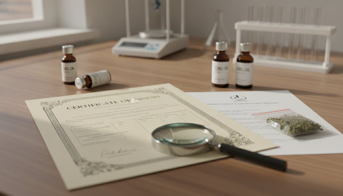 Close-up of a CBD product label with Certificate of Analysis document and lab testing results visible on a wooden surface