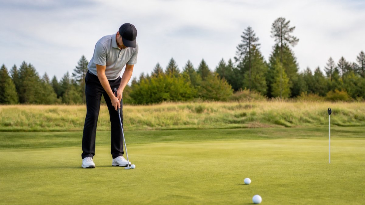 Golfer on practice green executing a focused putting stroke with proper alignment and pre-shot routine, demonstrating body position and stance in natural daylight