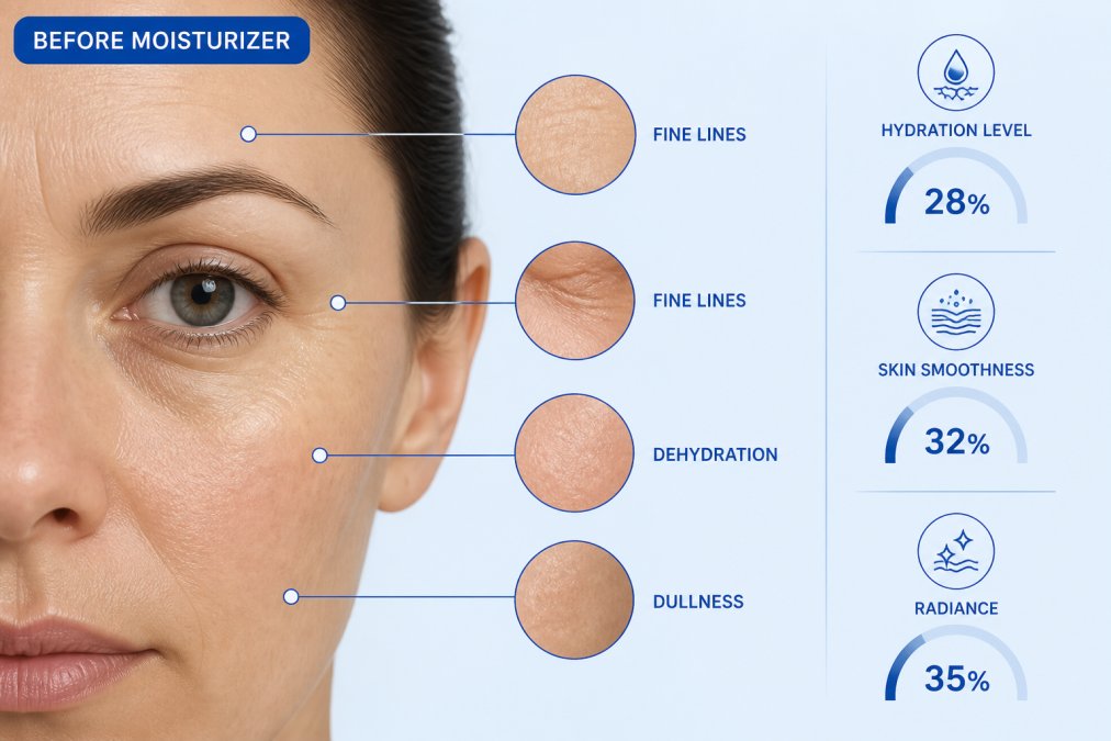 Close-up of a person's face in natural morning light showing fine lines around the eyes and forehead, with visible dehydration and dull texture before moisturizer application
