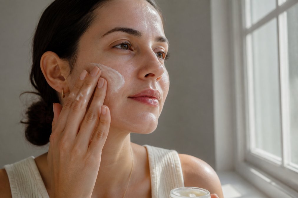 Person's hand applying rich ceramide moisturizer to cheek with visible hydration, skin appearing plumper and more luminous after application, natural window lighting