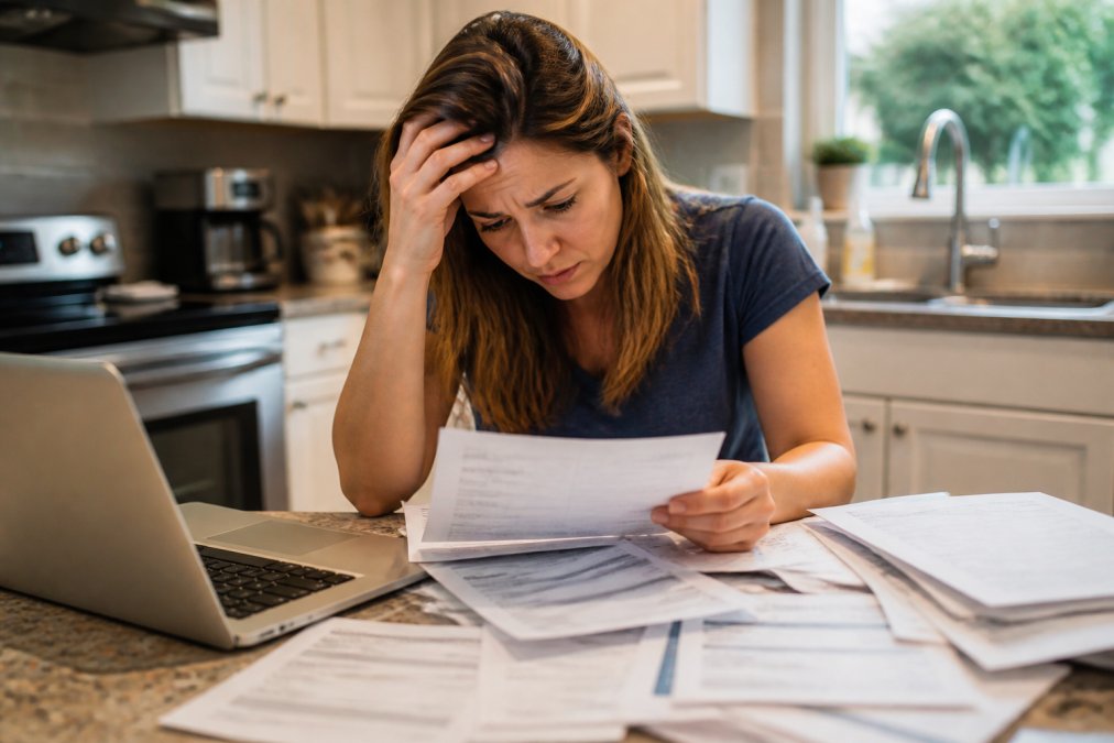 A stressed homeowner sitting at a kitchen table reviewing mortgage documents, with a laptop open and papers spread around them, natural overhead kitchen lighting conveying financial urgency