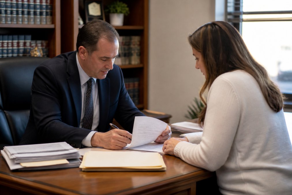 A bankruptcy attorney in a professional office reviewing case files with a client sitting across the desk, both examining documents together under warm office lighting in a reassuring consultation setting