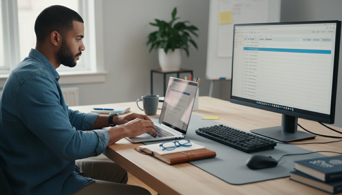 A focused professional typing a prompt into a laptop with a keyword research spreadsheet visible on a second monitor in a modern home office, warm desk lamp lighting, shallow depth of field