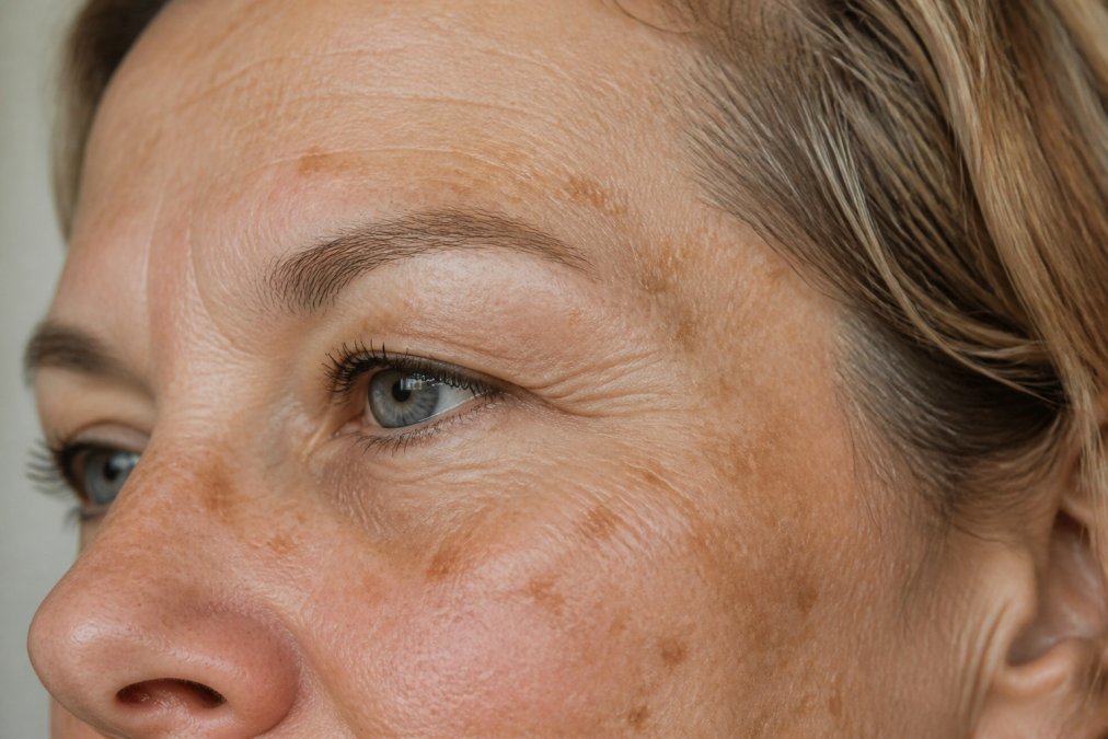 Close-up of mature skin showing visible sunspots, uneven pigmentation, and rough texture from years of sun exposure on cheek and forehead area