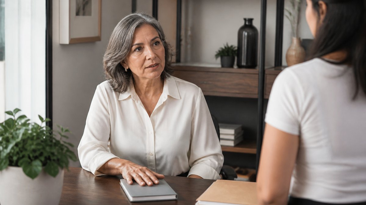 A woman in her fifties at a tidy desk, one hand resting on a closed notebook, calmly speaking to a colleague standing at the edge of her workspace, soft natural light