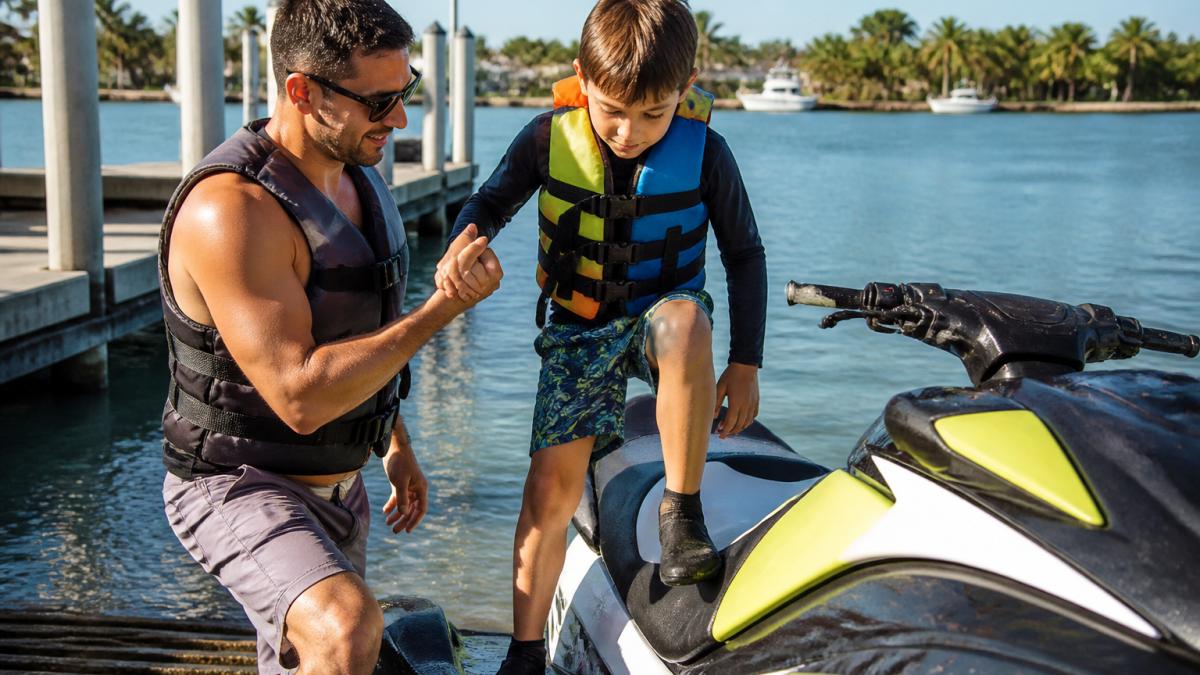 Parent in a life jacket helping a child board a jet ski at a sunny Miami launch ramp safely.