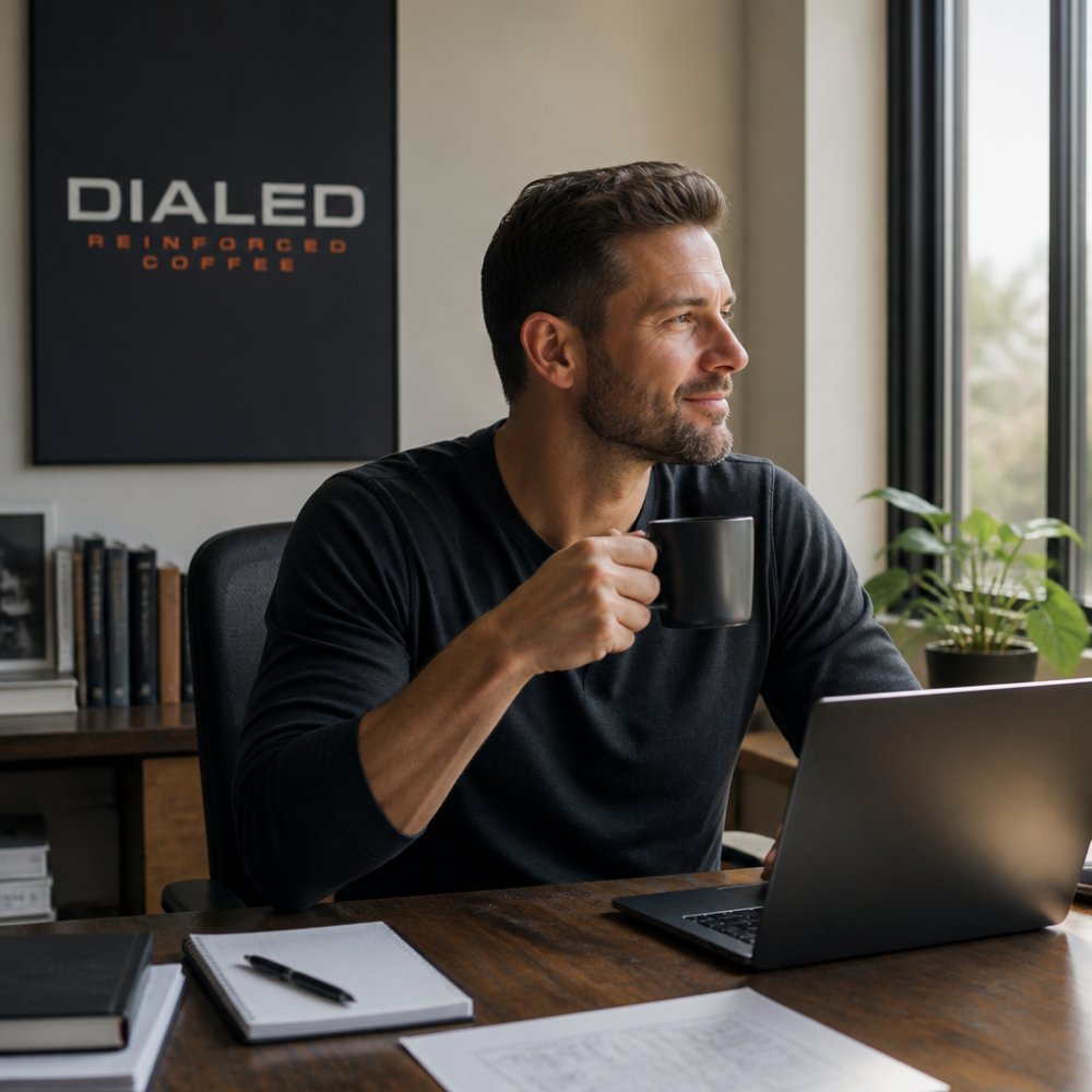 A person sitting at a desk holding a cup of coffee with a calm, focused expression, laptop open with work visible, warm natural light coming through a window