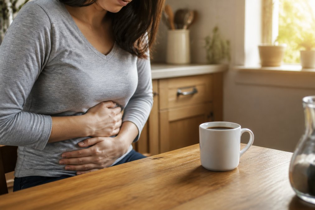 Close-up of a person holding their stomach with a cup of coffee on the table beside them, soft morning light through a window, warm home kitchen setting